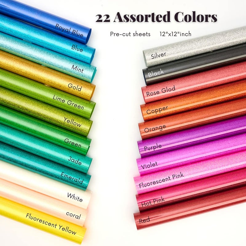 FANSGUAR HTV Glitter Heat Transfer Vinyl 12"x12" Bundle 22 Sheets Iron on for DIY Design Shirts Gifts (Assorted 22 Colors) - Image 2